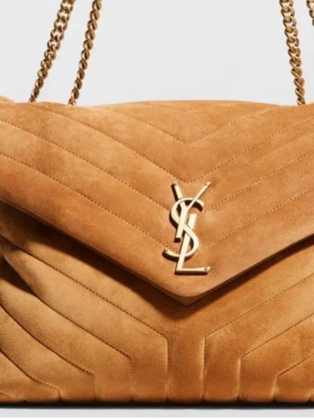 Saint Laurent Camel Suede Shoulder Bag with Gold YSL